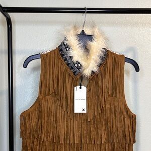 Miss Me Tan Fringe Vest with Patterned Fur Collar